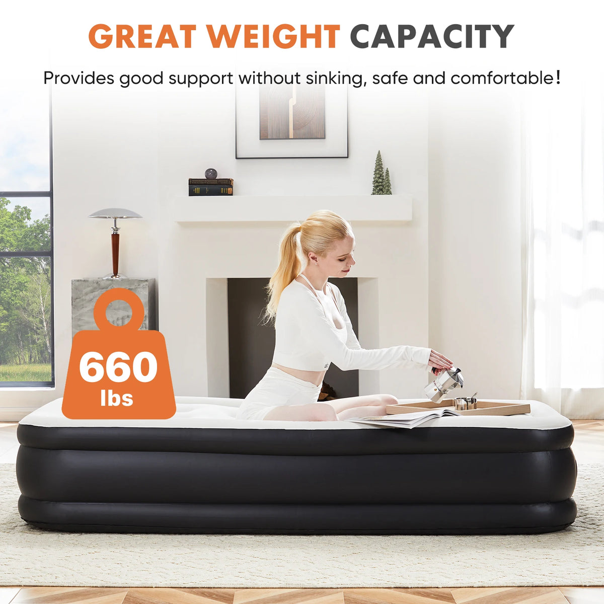 JHK Queen Twin Size Air Mattress Blow Up Double Height Non-Slip Bottom Weight Capacity 660 lbs Air Bed for Bed Home or Camping