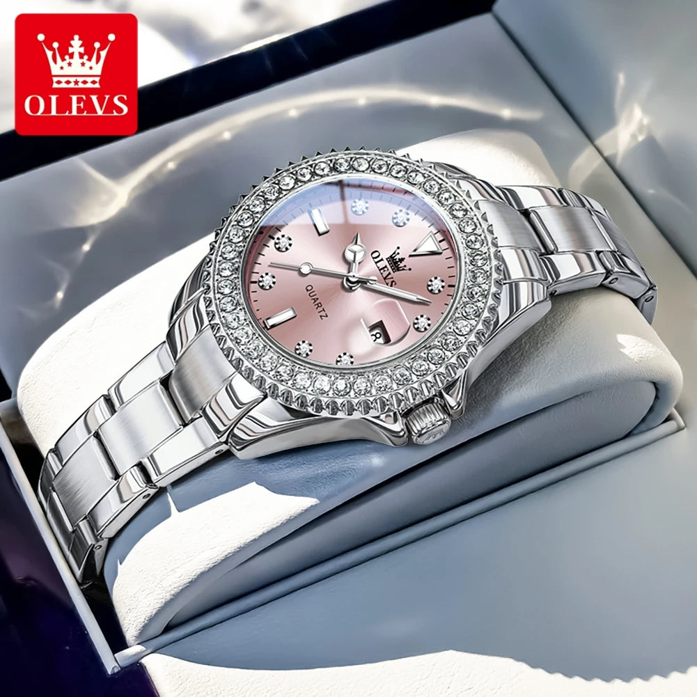 OLEVS Luxury Ladies Quartz Watch With Diamond Dial Steel Bracelet