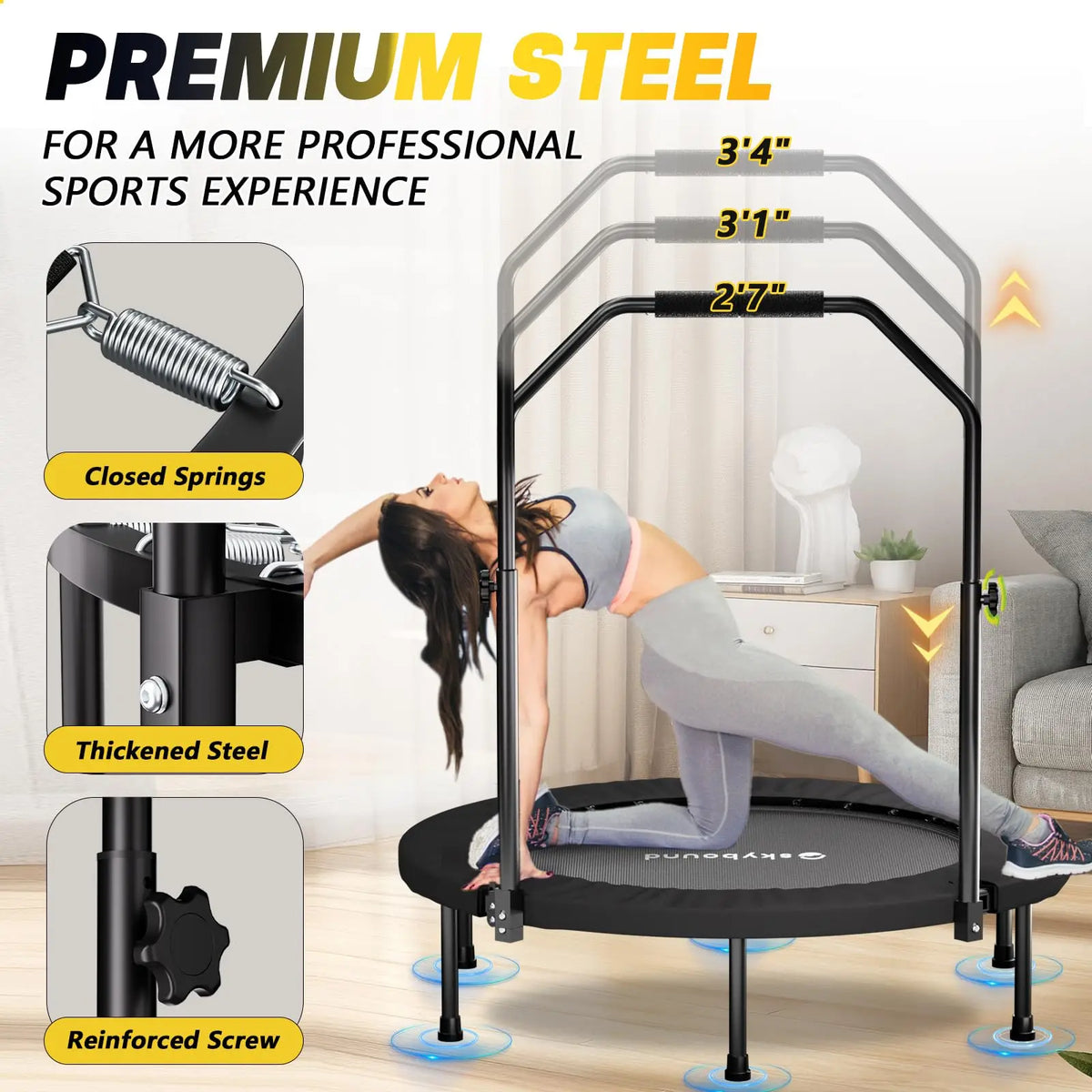 Rebounder Trampoline for Adults - 40" Foldable Mini Trampoline Fitness Rebounder with Adjustable U-Bar Handle, Max Load 350lbs,S