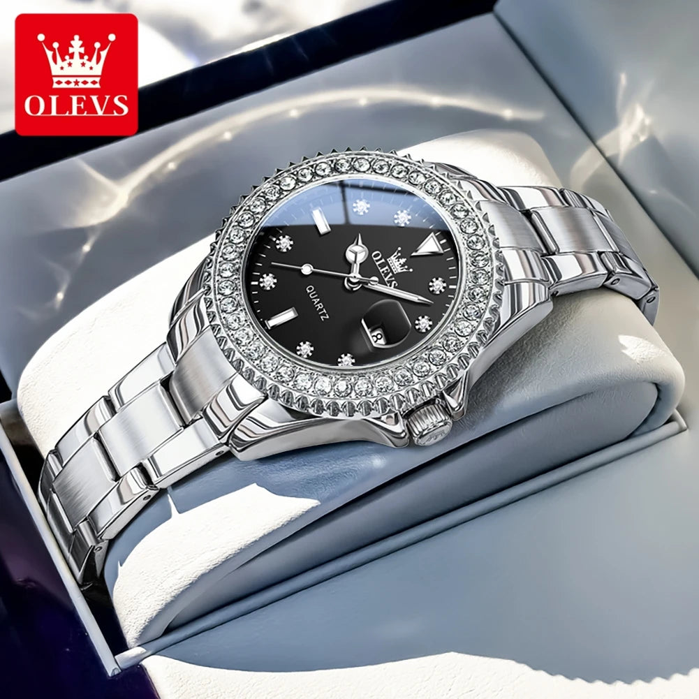 OLEVS Luxury Ladies Quartz Watch With Diamond Dial Steel Bracelet