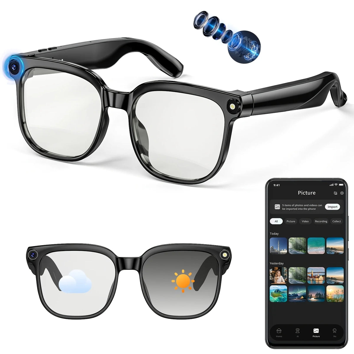 Smart Camera Glasses With 8MP Video, Bluetooth And Live Translation