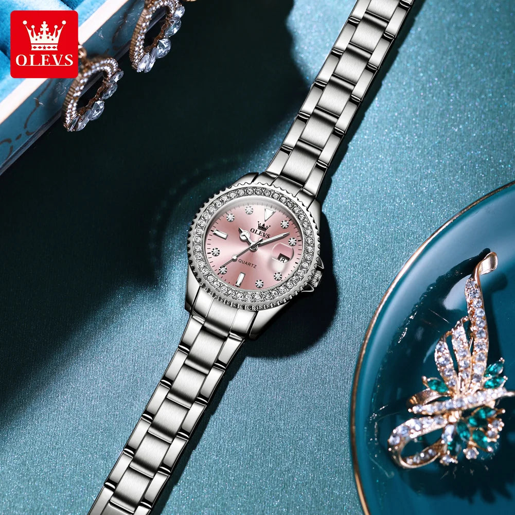 OLEVS Luxury Ladies Quartz Watch With Diamond Dial Steel Bracelet