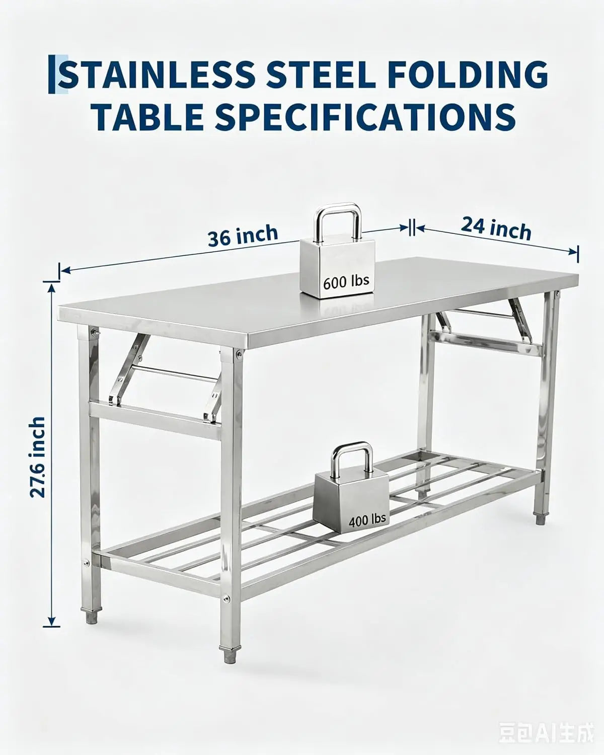 Stainless Steel Folding Prep Table with Undershelf for Home 700 lbs heavy load foldable portable design anti-slip adjustable legs easy wipe clean f