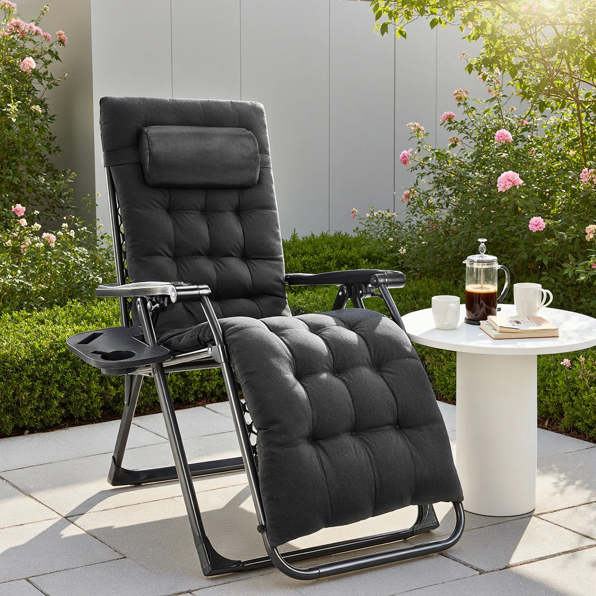 JHK Zero Gravity Recliner Camping Patio Lounge Chair Folding Portable with Cup Holder Trays Removable Cushion For Outdoor Garden