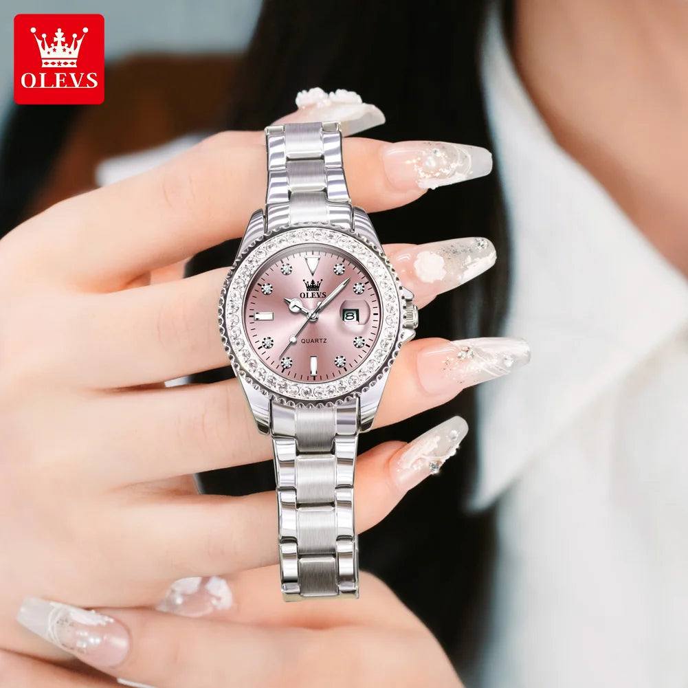 OLEVS Luxury Ladies Quartz Watch With Diamond Dial Steel Bracelet
