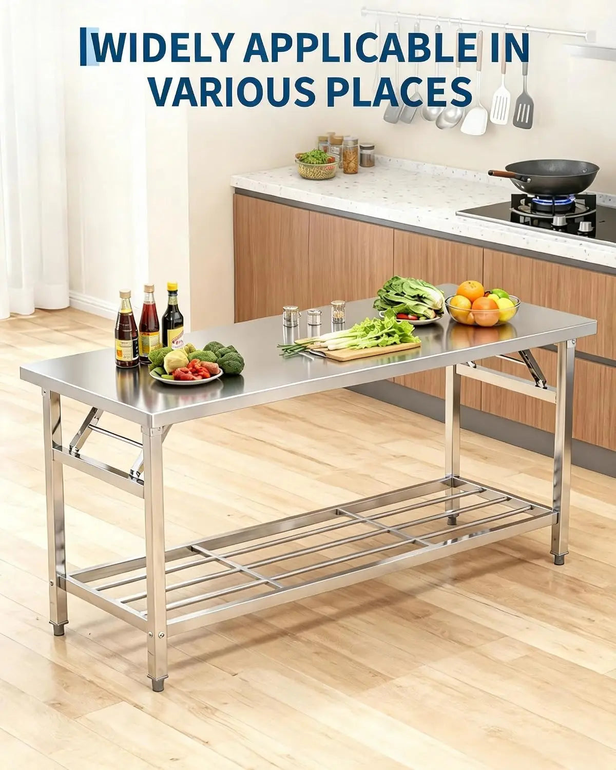Stainless Steel Folding Prep Table with Undershelf for Home 700 lbs heavy load foldable portable design anti-slip adjustable legs easy wipe clean f