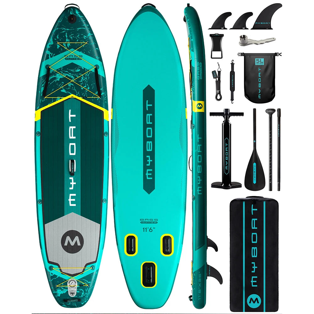 Myboat BASS HUNTER Green SUB Waterproof Inflatable Paddle Board 11'6''x35''x6'' Aquatic Fishing With Accessories SUP сапборд