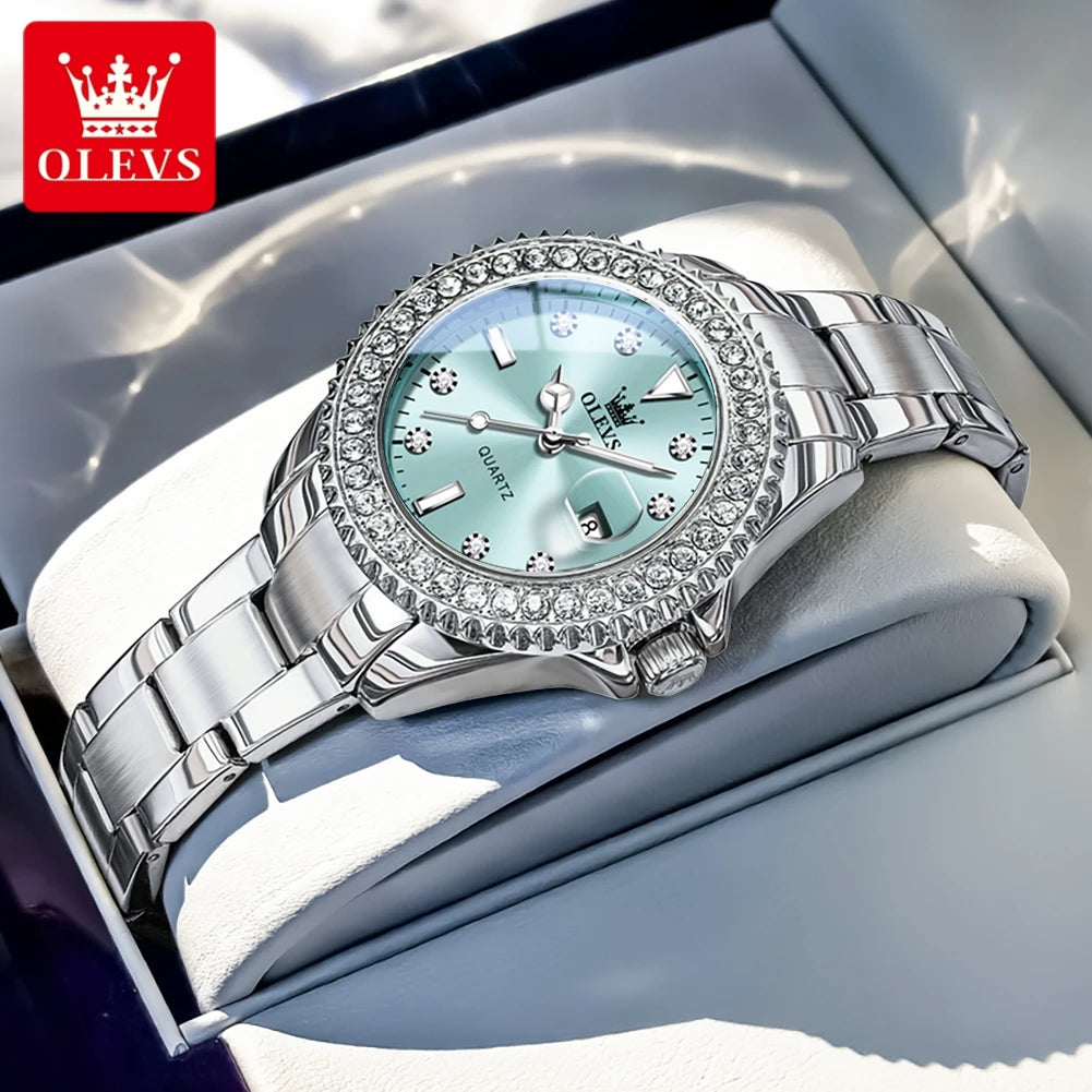 OLEVS Luxury Ladies Quartz Watch With Diamond Dial Steel Bracelet