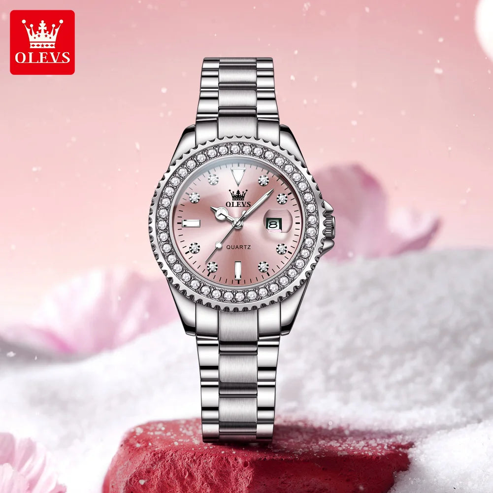 OLEVS Luxury Ladies Quartz Watch With Diamond Dial Steel Bracelet