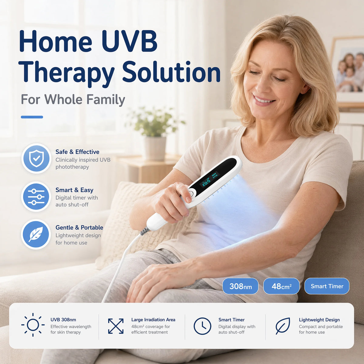 Handheld 308nm UVB Phototherapy Comb Stable Wavelength Output Activate Melanocytes Skin Care Device