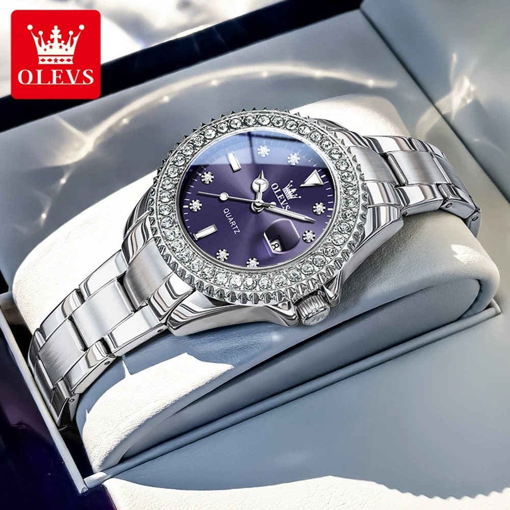 OLEVS Luxury Ladies Quartz Watch With Diamond Dial Steel Bracelet