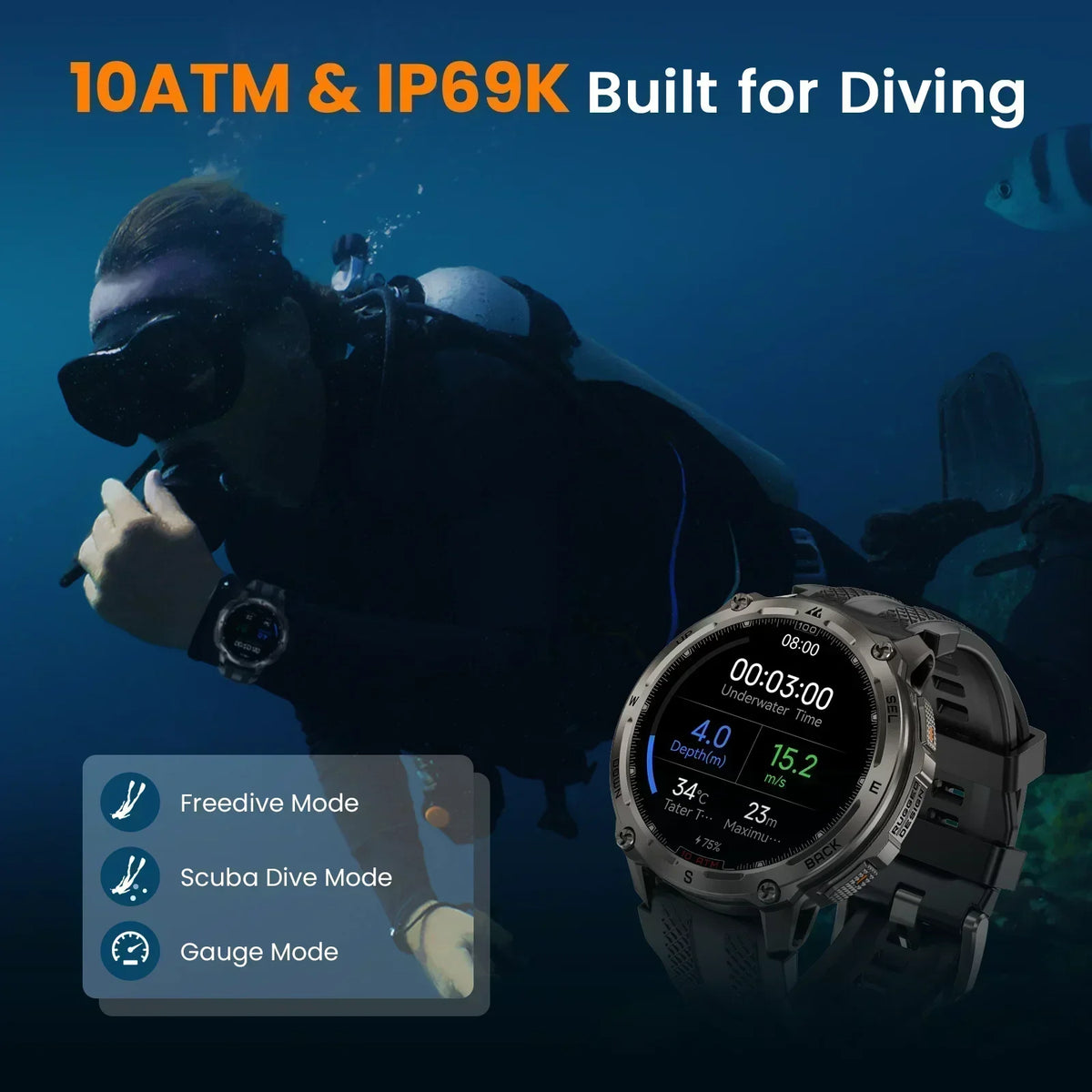 KOSPET Tank T4 Smart Watch for Men 6-Sat GPS Offline Maps 10ATM Waterproof Heart Rate Diving Skiing Hiking for Android iOS