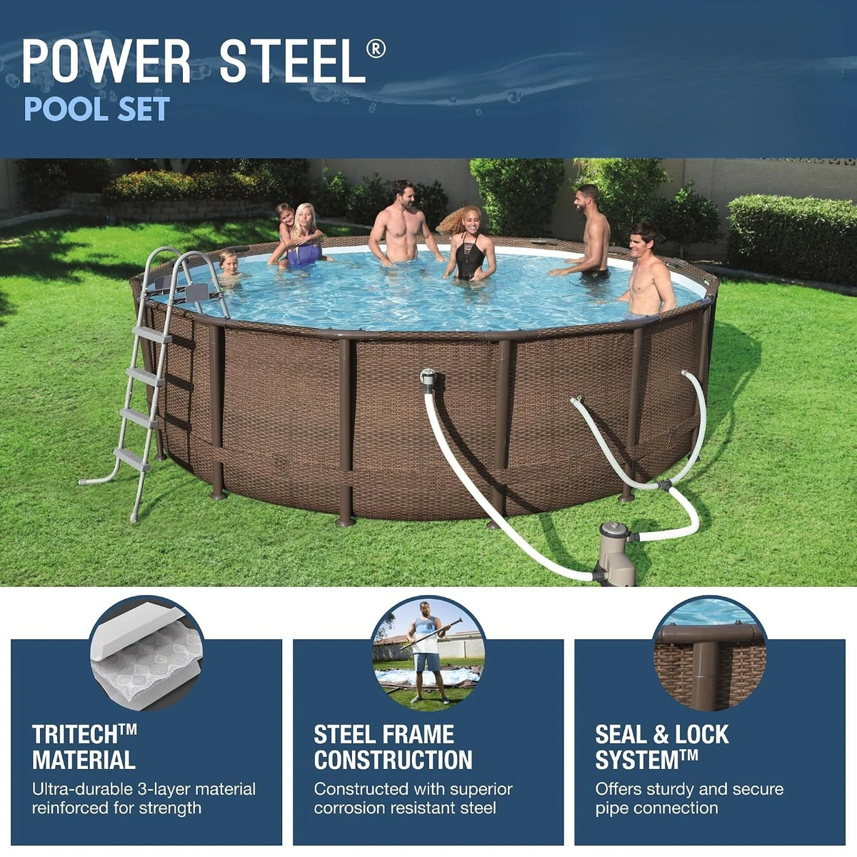 Power Steel 14'x42" Above Ground Pool, Round Metal Frame Pool Set with Filter Pump & Ladder, Customized