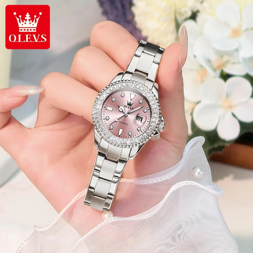 OLEVS Luxury Ladies Quartz Watch With Diamond Dial Steel Bracelet