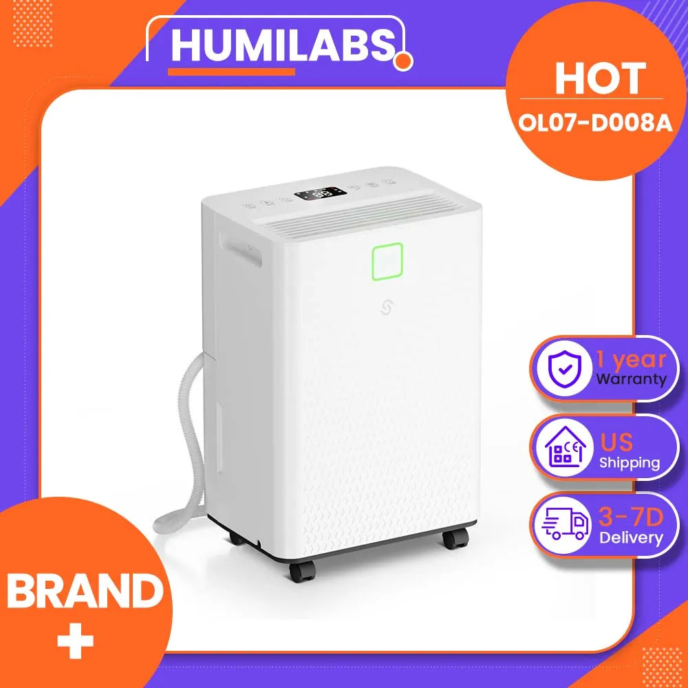 HUMILABS OL07-D008A Dehumidifier for Home & Basement, Covers up to 1600 Sq.Ft, Ultra-Quiet 37dB, Smart Humidity Control, Continuous Drain Hose, 1.7L Water Tank, Auto Defrost, Child Lock, LED Touch Panel, R290 Energy Saving