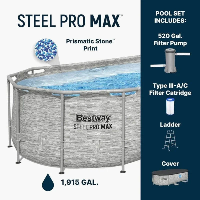 Bestway Power Steel Swim Vista 14’ x 8'2" x 39.5” Above Ground Pool, Oval Metal Frame Outdoor Swimming Pool Set with Filter Pump