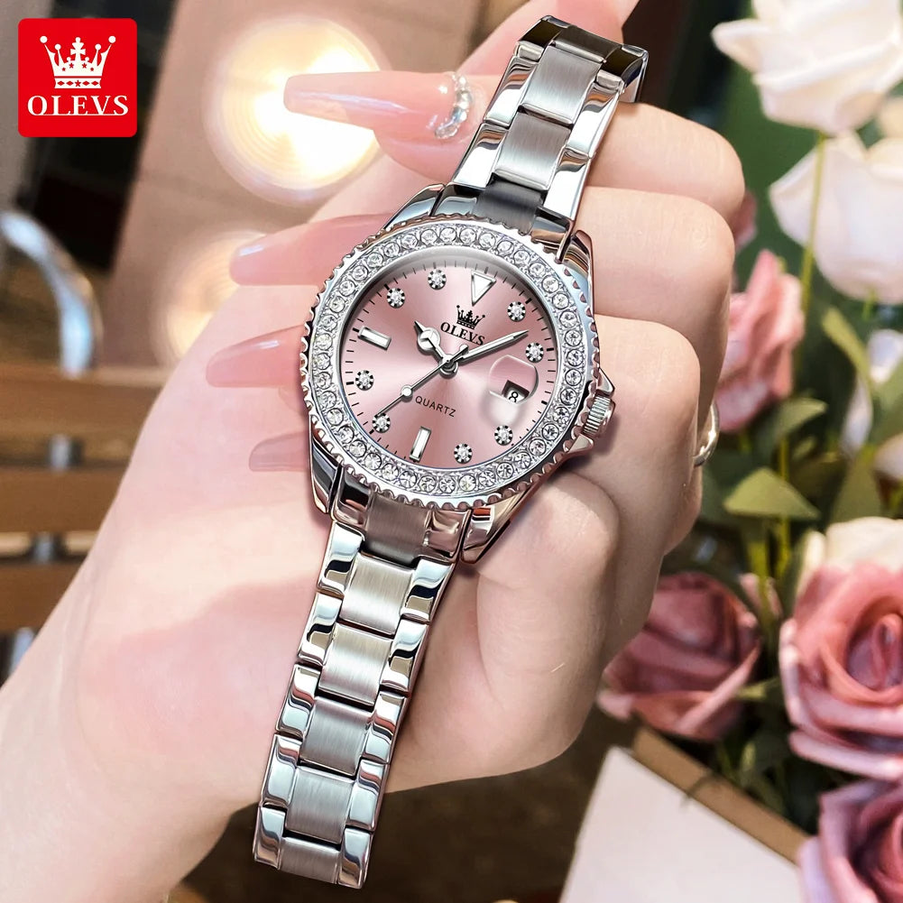 OLEVS Luxury Ladies Quartz Watch With Diamond Dial Steel Bracelet