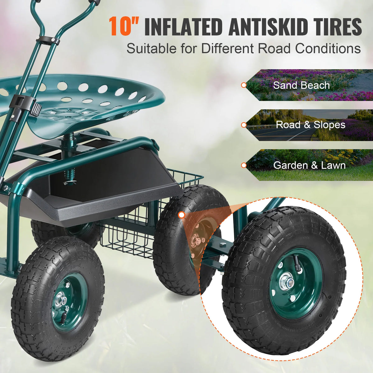 SucceBuy Garden Cart Rolling Workseat with Wheels Gardening Stool for Planting 360Degree Swivel Seat Wagon Scooter with Steering