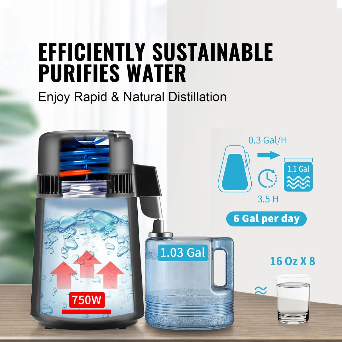 SucceBuy Water Distiller 4L 1.05 Gallon Pure Water Purifier Filter Countertop 750W Distilled Water MakerInterior Distiller