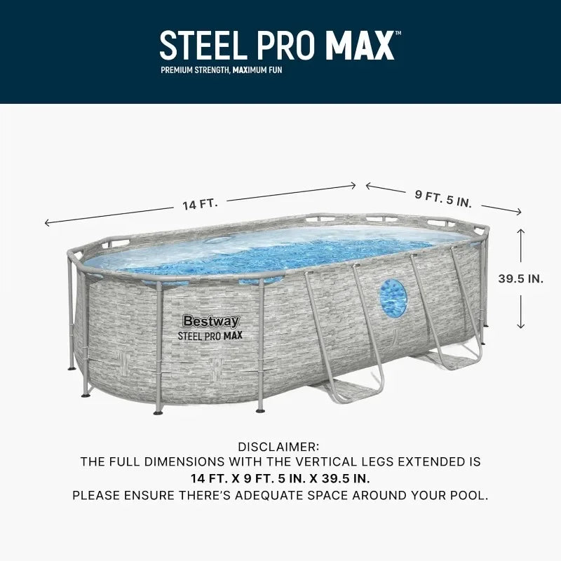 Bestway Power Steel Swim Vista 14’ x 8'2" x 39.5” Above Ground Pool, Oval Metal Frame Outdoor Swimming Pool Set with Filter Pump