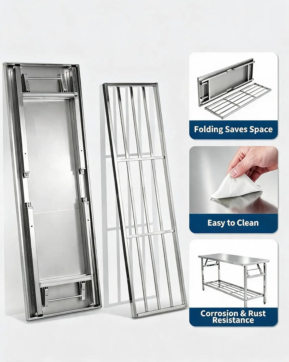 Stainless Steel Folding Prep Table with Undershelf for Home 700 lbs heavy load foldable portable design anti-slip adjustable legs easy wipe clean f