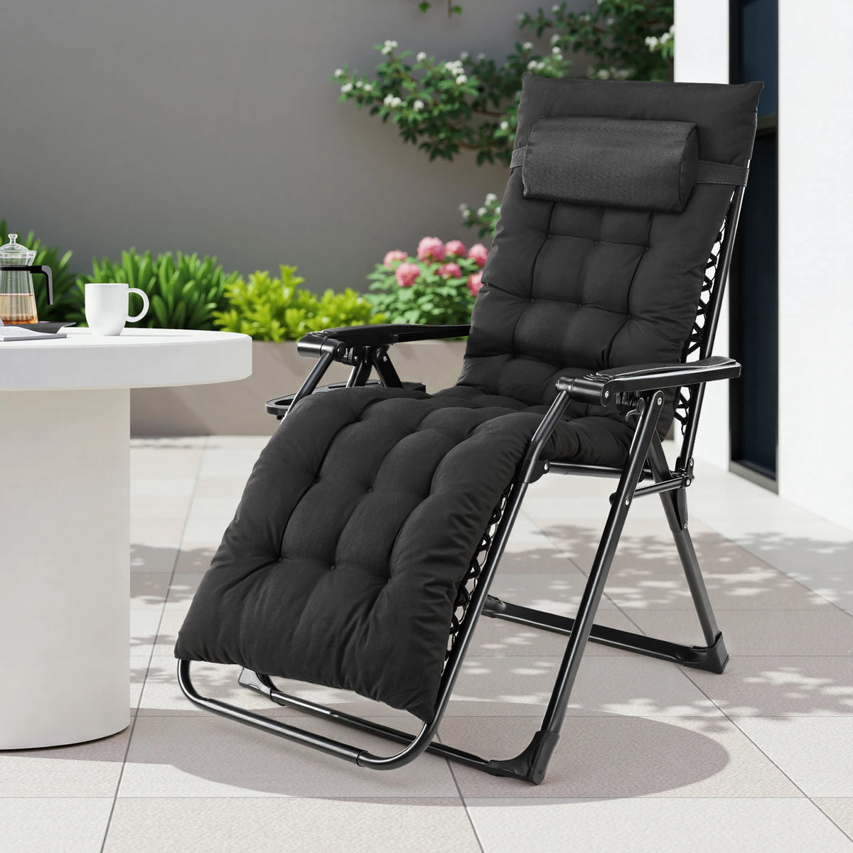 JHK Zero Gravity Recliner Camping Patio Lounge Chair Folding Portable with Cup Holder Trays Removable Cushion For Outdoor Garden