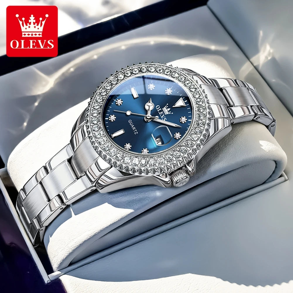 OLEVS Luxury Ladies Quartz Watch With Diamond Dial Steel Bracelet