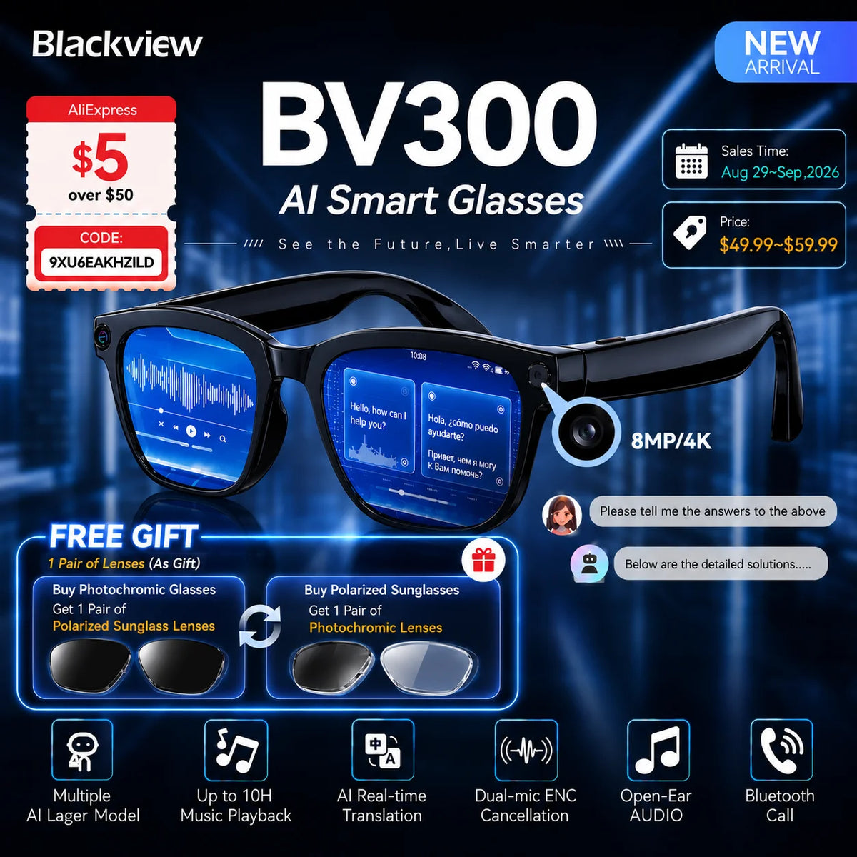 Blackview BV300 4K AI Glasses Color-Changing Smart Translation Glasses Photo Video Recording Waterproof Call Smart Sunglasses