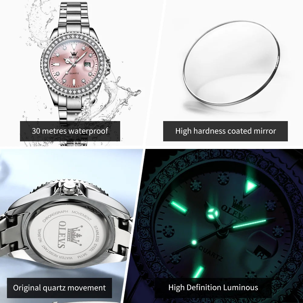 OLEVS Luxury Ladies Quartz Watch With Diamond Dial Steel Bracelet