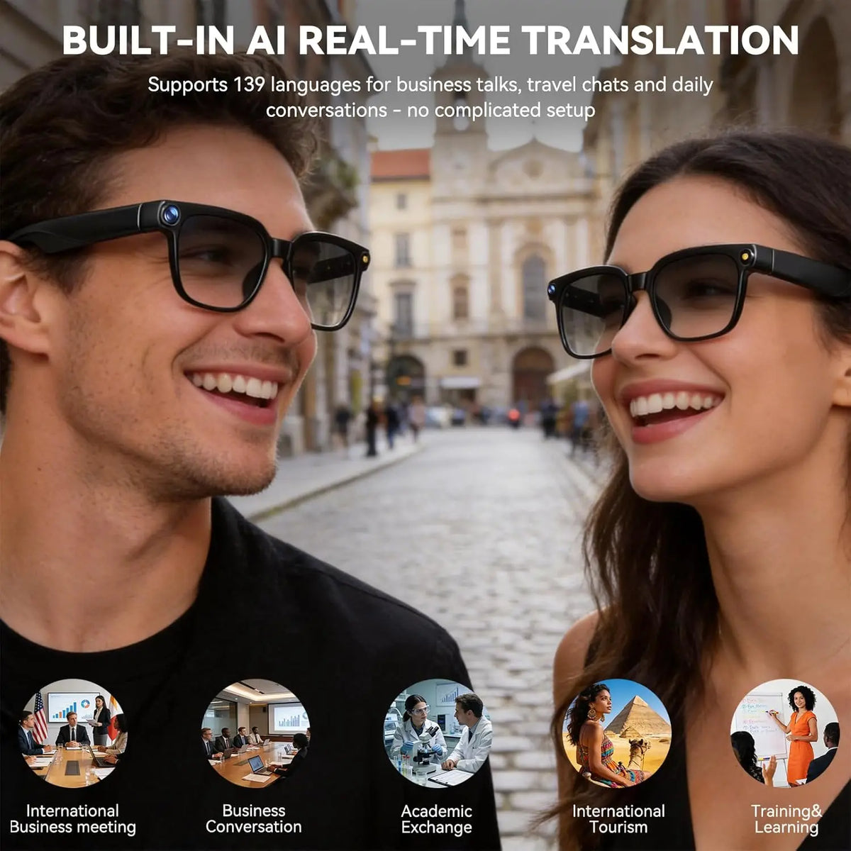AI smart glasses with cameras, 8-megapixel camera glasses, 1080P stabilized video recording glasses, real-time translation, AI voice assistant, object recognition, men's and women's Bluetooth sunglasses (color-changing), life