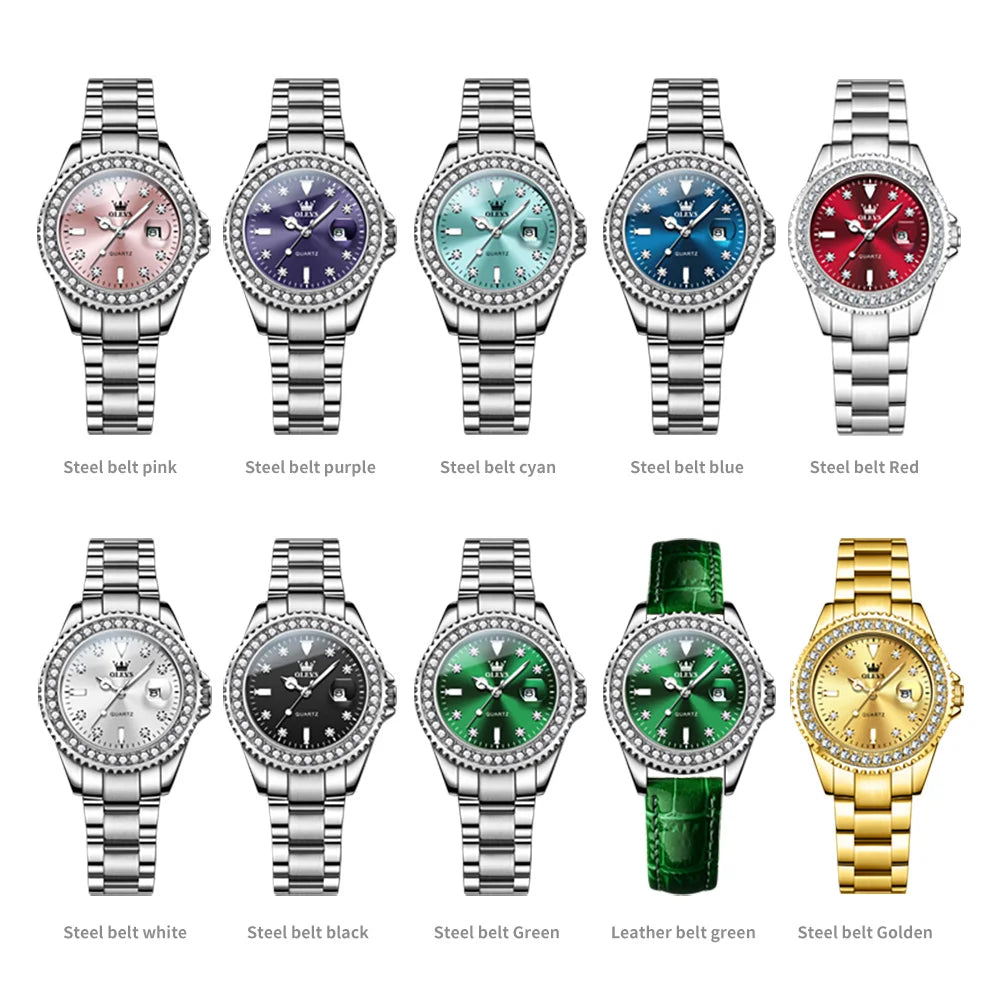 OLEVS Luxury Ladies Quartz Watch With Diamond Dial Steel Bracelet