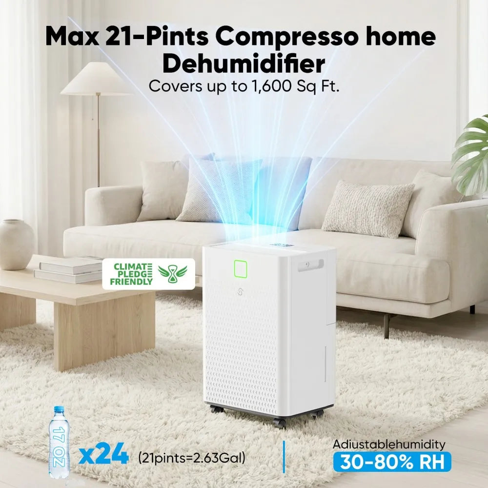 HUMILABS OL07-D008A Dehumidifier for Home & Basement, Covers up to 1600 Sq.Ft, Ultra-Quiet 37dB, Smart Humidity Control, Continuous Drain Hose, 1.7L Water Tank, Auto Defrost, Child Lock, LED Touch Panel, R290 Energy Saving