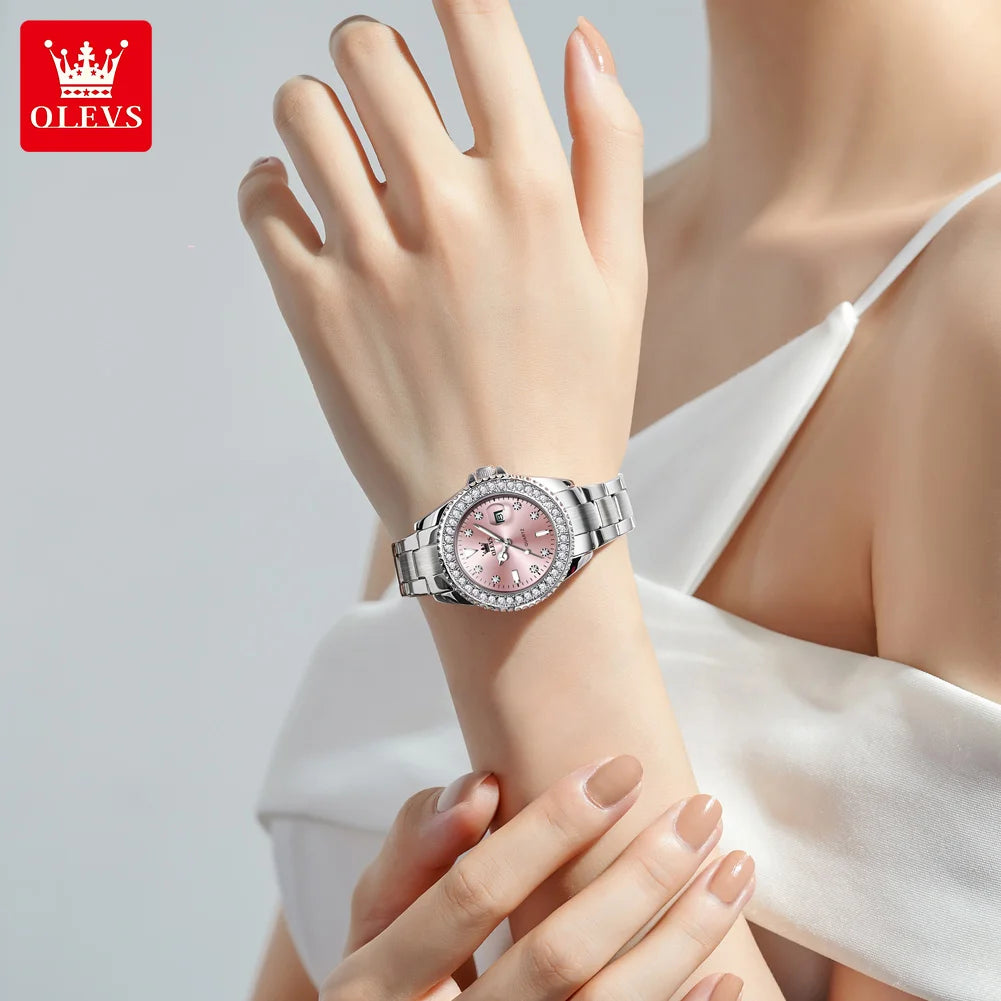 OLEVS Luxury Ladies Quartz Watch With Diamond Dial Steel Bracelet