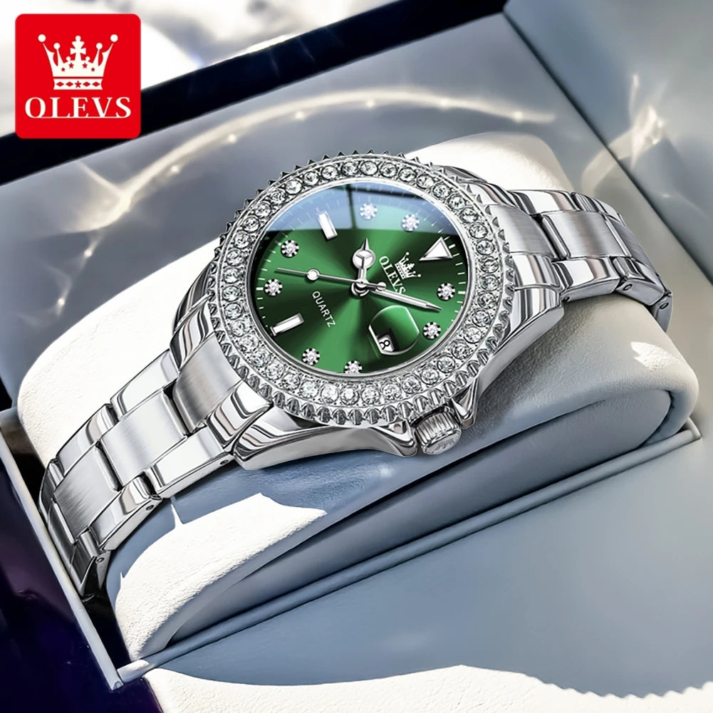 OLEVS Luxury Ladies Quartz Watch With Diamond Dial Steel Bracelet
