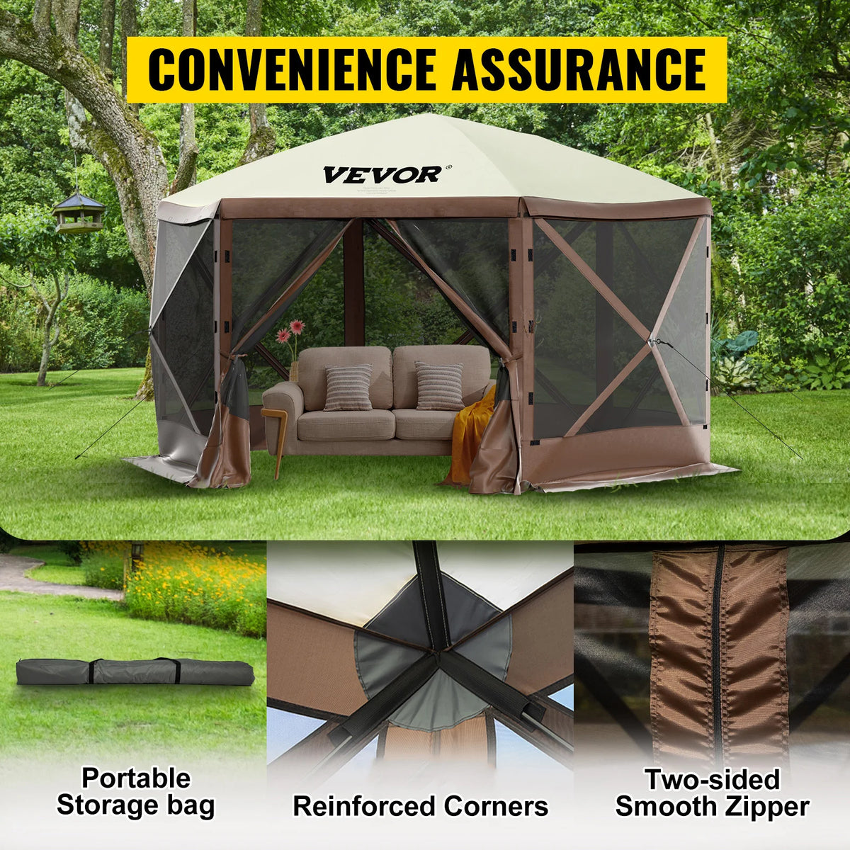 SucceBuy Pop-up Camping Gazebo Camping Canopy Shelter 6 Sided 12' x 12' / 10' x 10' Sun Shade Tents & Canopies Camping & Hiking