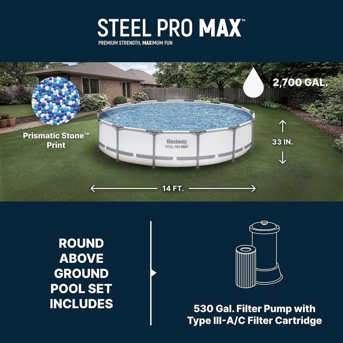 Steel Pro MAX 14' x 33" Round Above Ground Swimming Pool Set, 530 GPH Filter Pump, Tritech Puncture Resistant Liner,, Custom