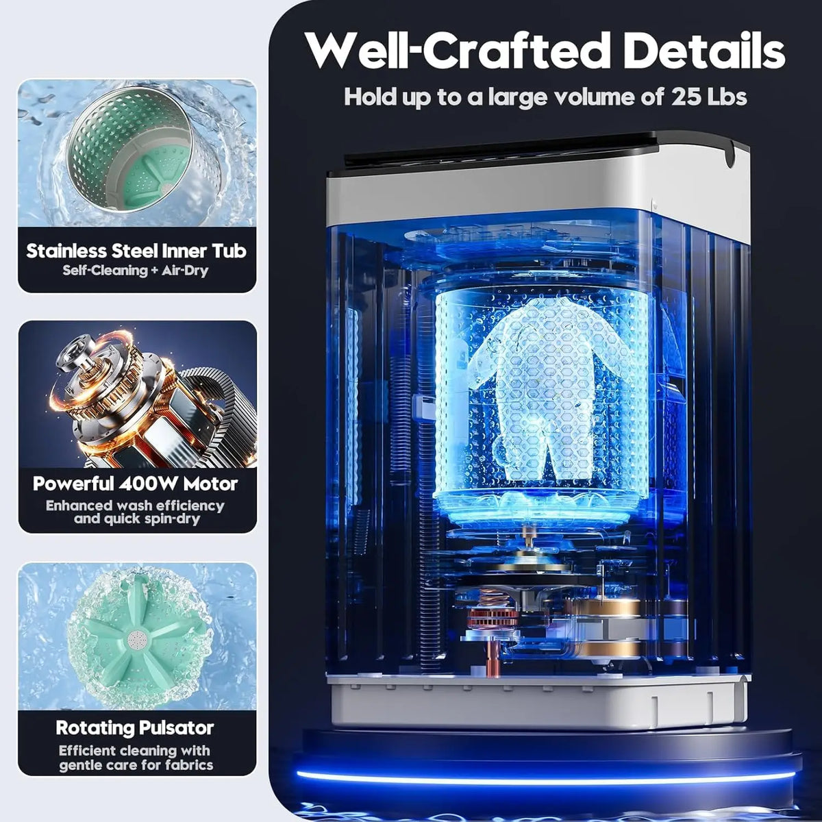 Portable Washer and Dryer Combo Set, 28 lbs Fully Automatic Washing Machine with Stainless Steel Inner Tub, 2.6 Cu.Ft Portable D