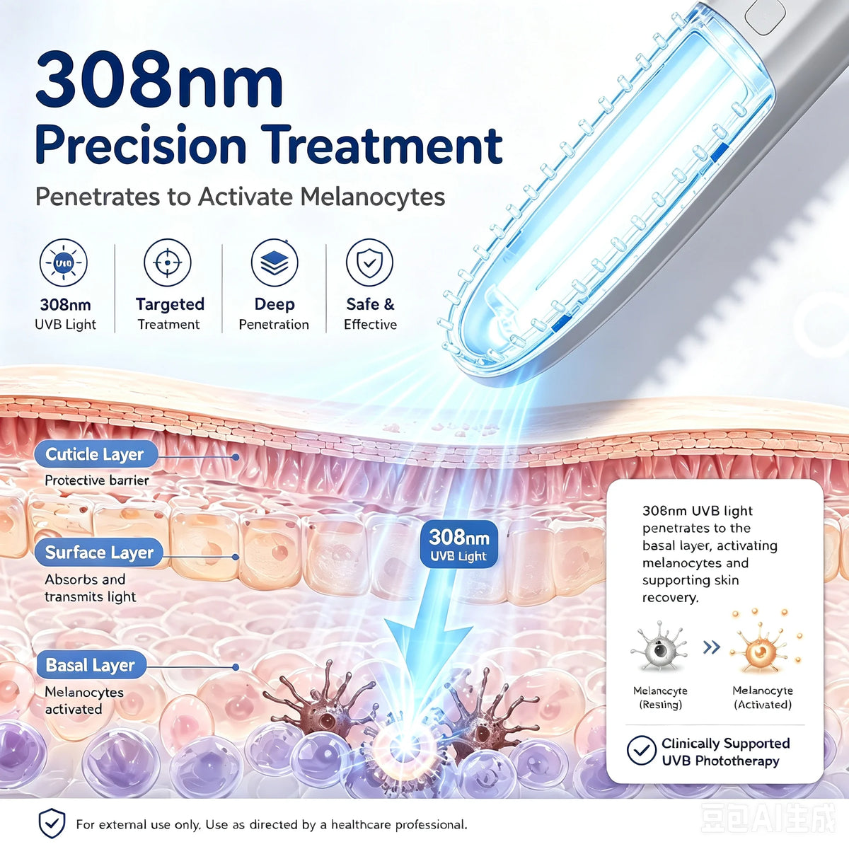 Handheld 308nm UVB Phototherapy Comb Stable Wavelength Output Activate Melanocytes Skin Care Device