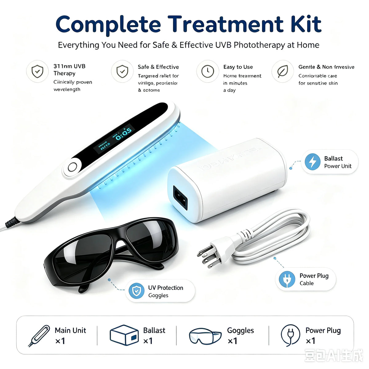 Handheld 308nm UVB Phototherapy Comb Stable Wavelength Output Activate Melanocytes Skin Care Device