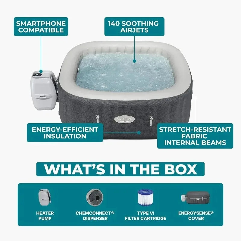 Bestway SaluSpa Hot Springs Inflatable Spa for 4-6 People, 140 AirJets, EnergySense Thermal Insulation, Smart WiFi App Control
