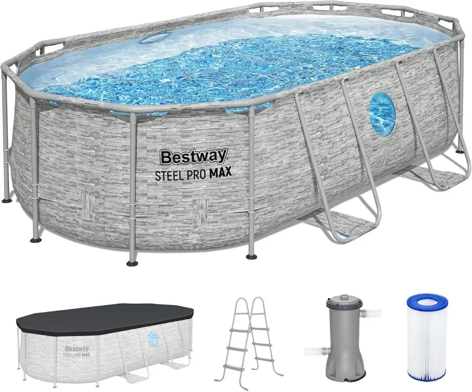 Bestway Power Steel Swim Vista 14’ x 8'2" x 39.5” Above Ground Pool, Oval Metal Frame Outdoor Swimming Pool Set with Filter Pump