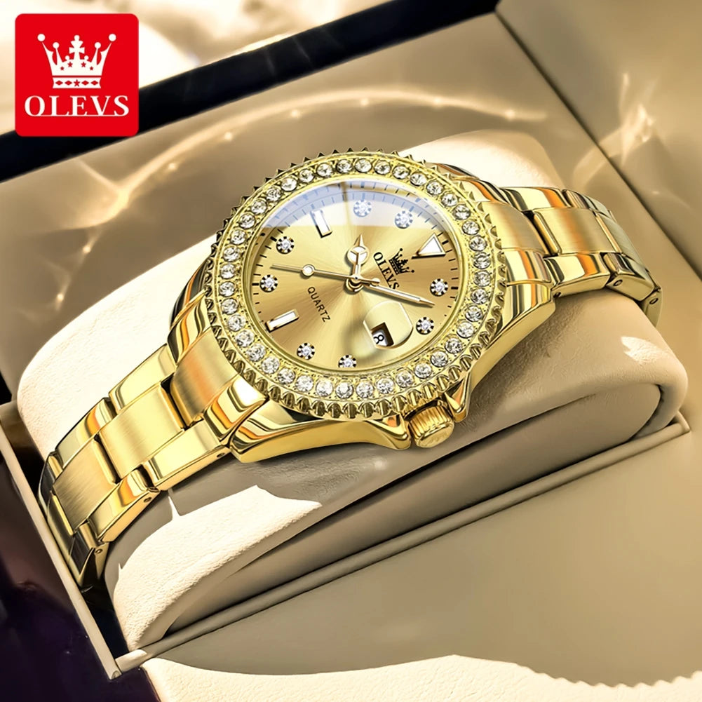 OLEVS Luxury Ladies Quartz Watch With Diamond Dial Steel Bracelet