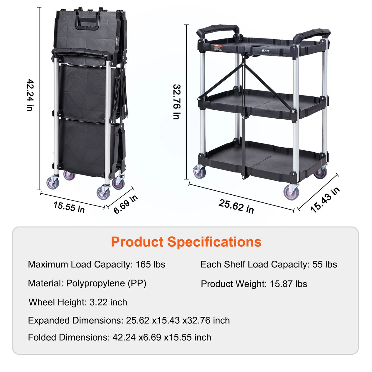 SucceBuy 3 Tier Folding Rolling Utility Cart Storage Shelf Movable Gap Rack Serving Cart Slide Organizer for Kitchen Bathroom